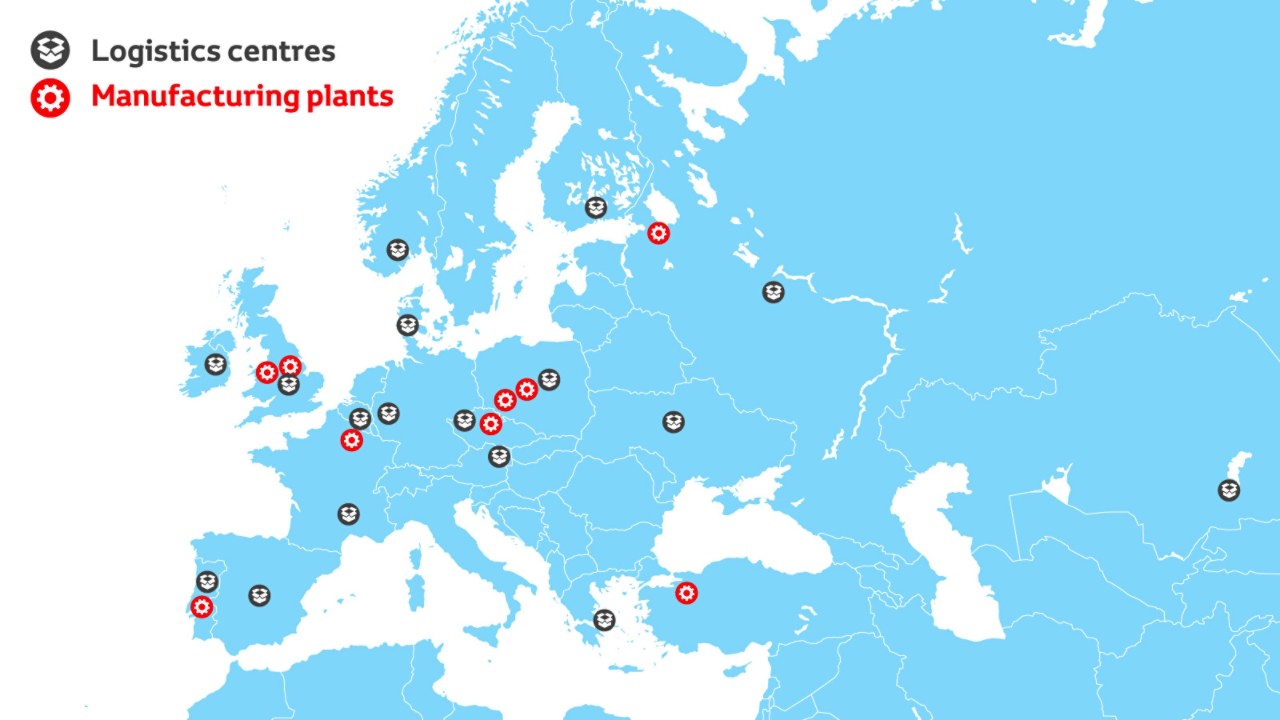 Карта, показваща логистични центрове и производствени предприятия на Toyota