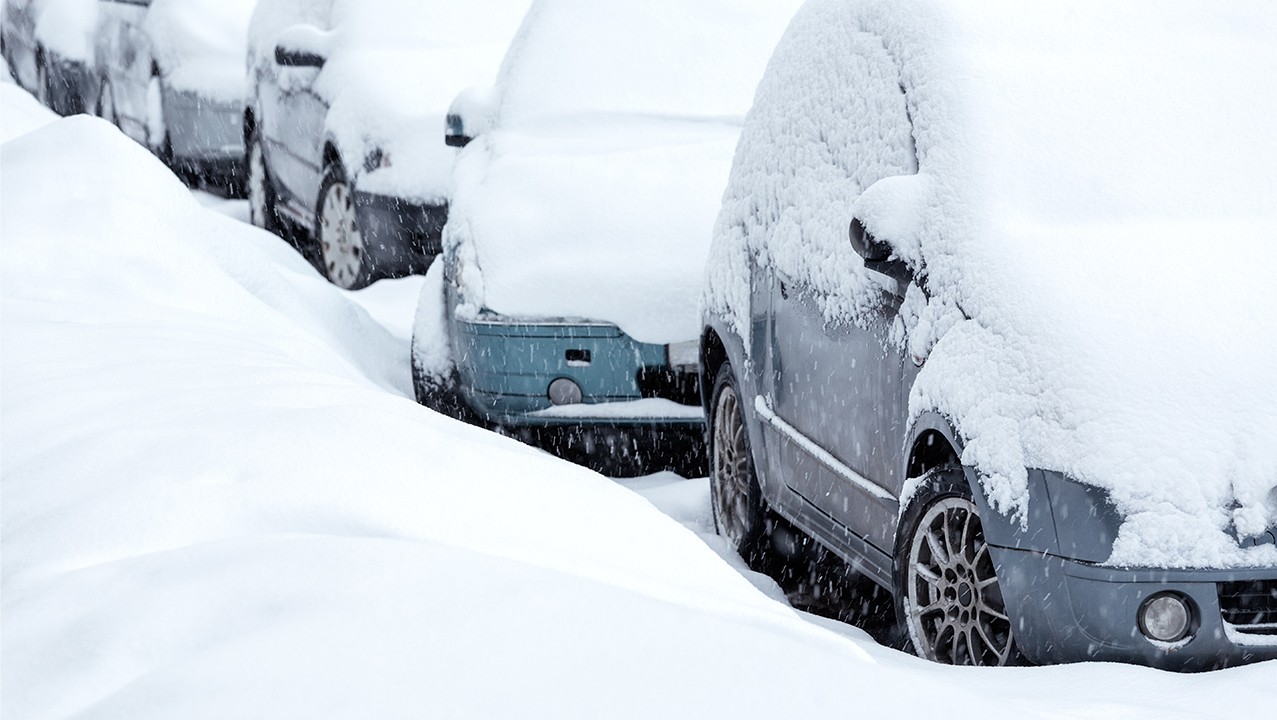 страничен изглед на паркирани Toyota автомобили засипани със сняг