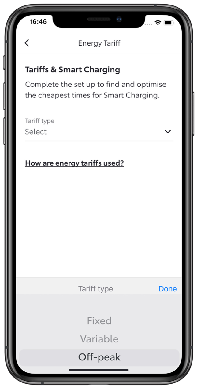 Екран на телефона, показващ опции за енергийни тарифи с приложението MyToyota